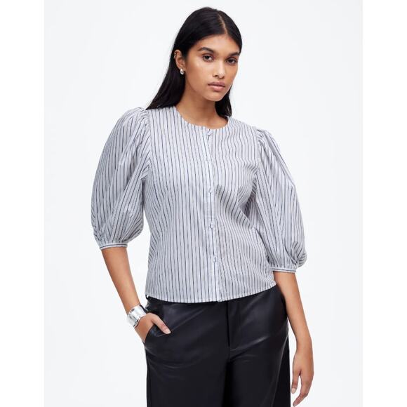 Madewell Puff-Sleeve Button-Up Top WMNS 6 Blue White Striped Crew Neck Oversized - Picture 1 of 9